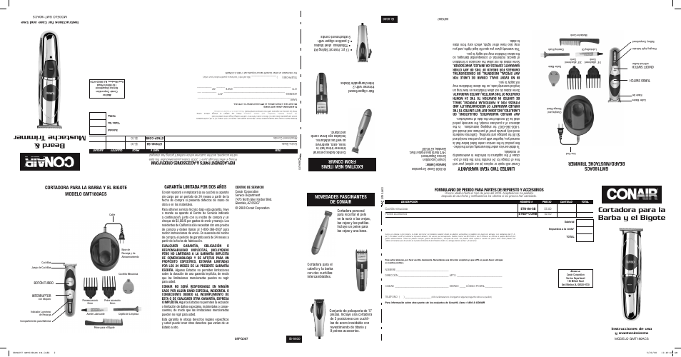 Cortadora para la barba y el bigote, Beard & mustache trimmer, Lim ite d t wo yea r w arr ant y | Gmt180 acs beard/ mus tache tri mmer, Novedades fascinantes de conair | Conair GMT180ACS User Manual | Page 2 / 2