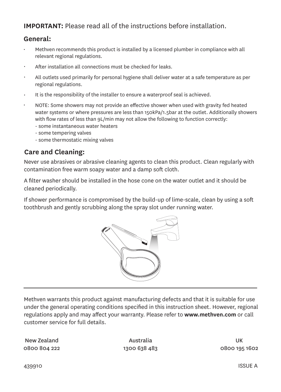 Care and cleaning | Methven Aio Aurajet Shower Handset User Manual | Page 2 / 2