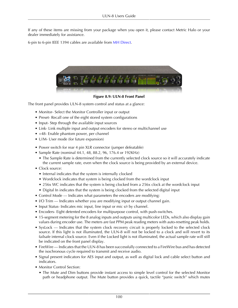 Using the uln-8 hardware, Uln-8 front panel | Metric Halo Mobile I/O User Manual | Page 100 / 371