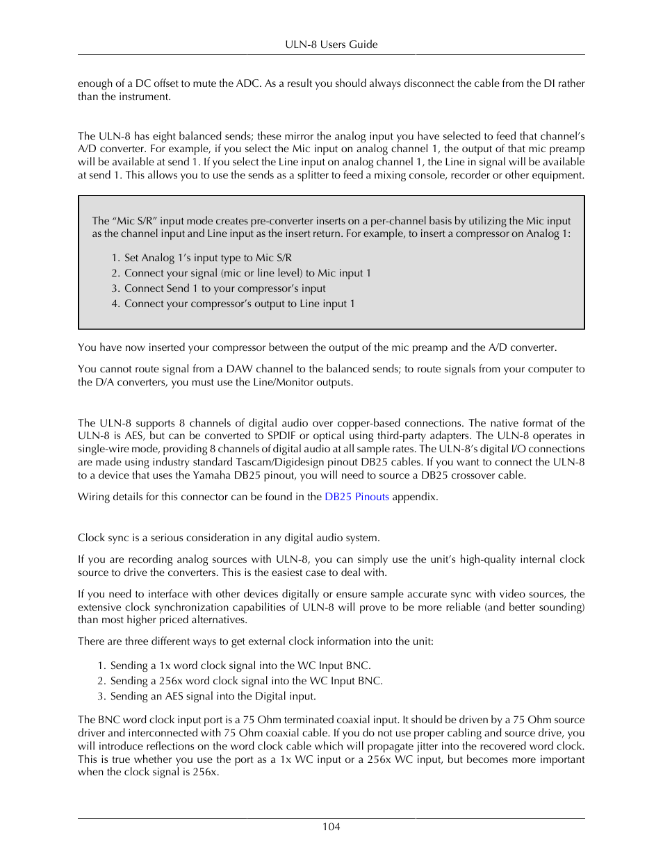 Balanced sends and mic s/r mode, Aes digital audio, Clock sync | Metric Halo Mobile I/O User Manual | Page 104 / 371