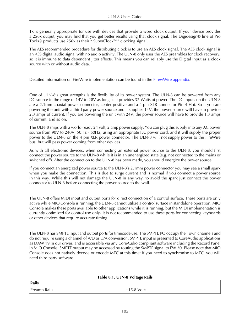 Firewire, Power, Midi | Smpte, Uln-8 specifications, Uln-8 voltage rails | Metric Halo Mobile I/O User Manual | Page 105 / 371