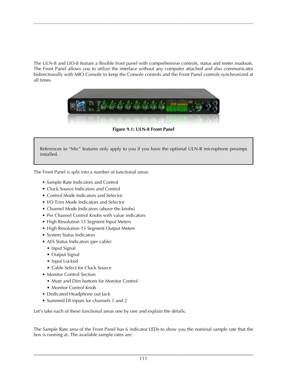 Uln/lio-8 front panel guide, Front panel overview, Sample rate indicators and control | Uln-8 front panel | Metric Halo Mobile I/O User Manual | Page 111 / 371