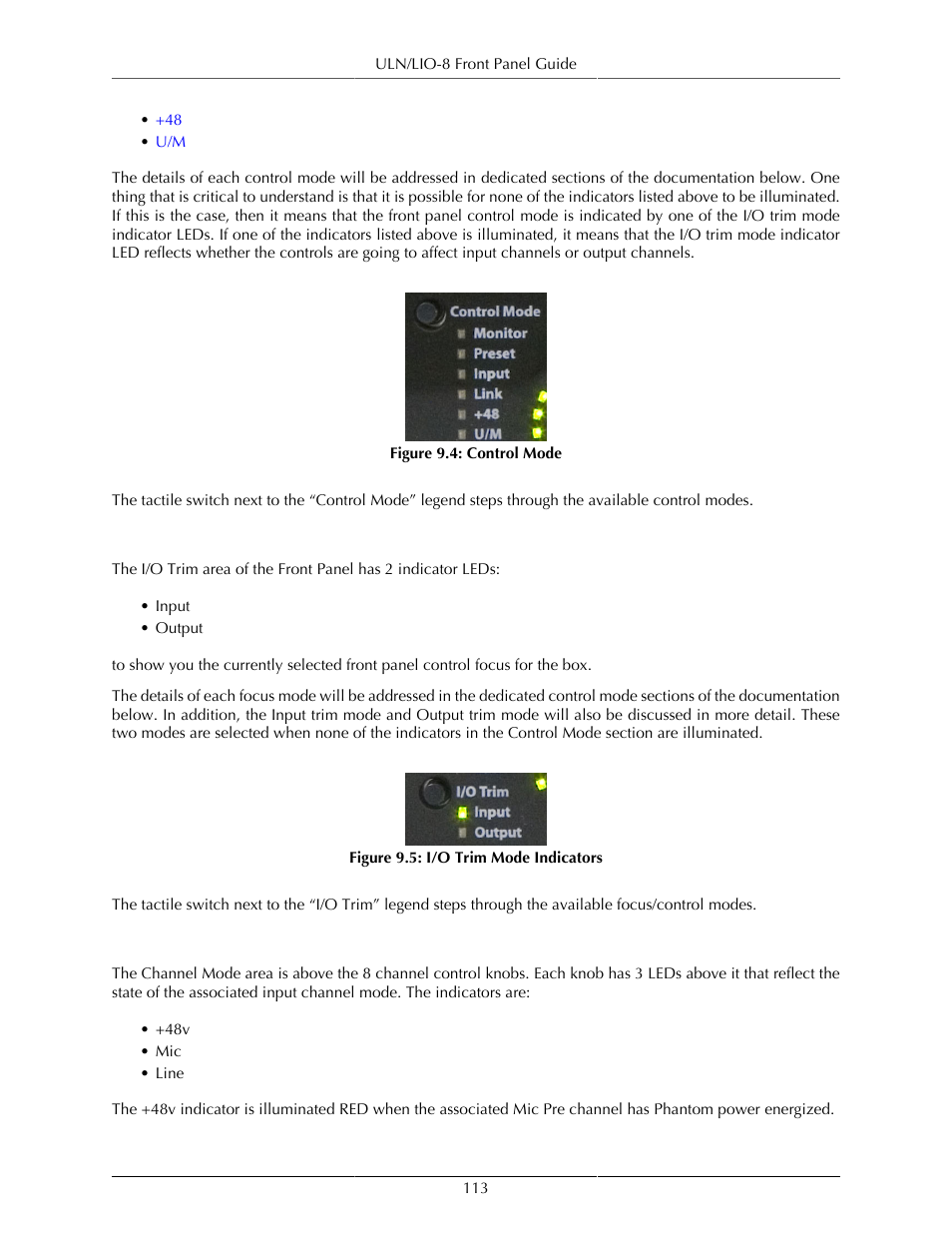 I/o trim mode indicators and selector, Channel mode indicators, 113 channel mode indicators | Control mode, 113 9.5. i/o trim mode indicators | Metric Halo Mobile I/O User Manual | Page 113 / 371