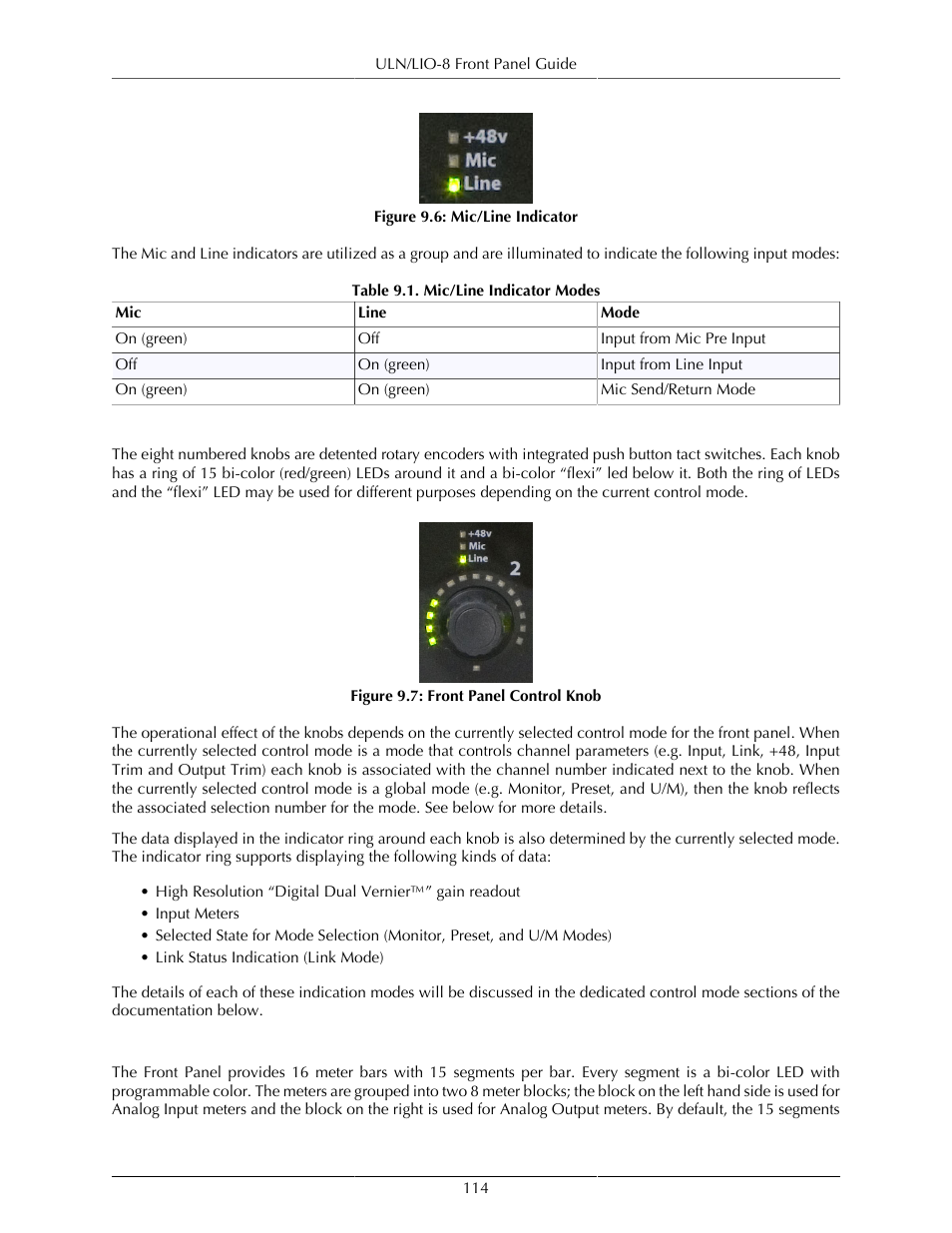 Per channel control knobs, High resolution meters, 114 high resolution meters | Mic/line indicator, 114 9.7. front panel control knob, Mic/line indicator modes | Metric Halo Mobile I/O User Manual | Page 114 / 371