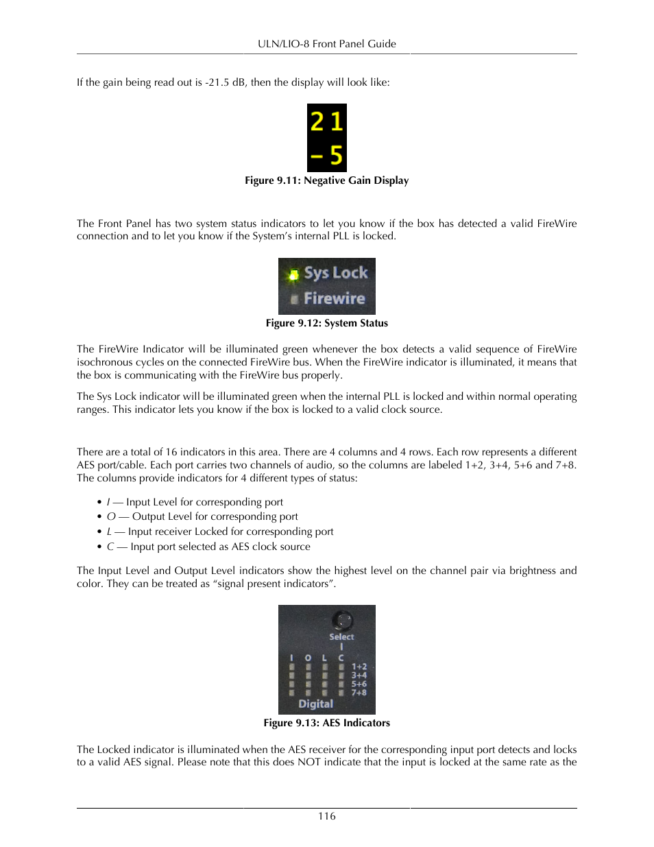 System status indicators, Aes status indicators, 116 aes status indicators | Negative gain display, 116 9.12. system status, 116 9.13. aes indicators | Metric Halo Mobile I/O User Manual | Page 116 / 371