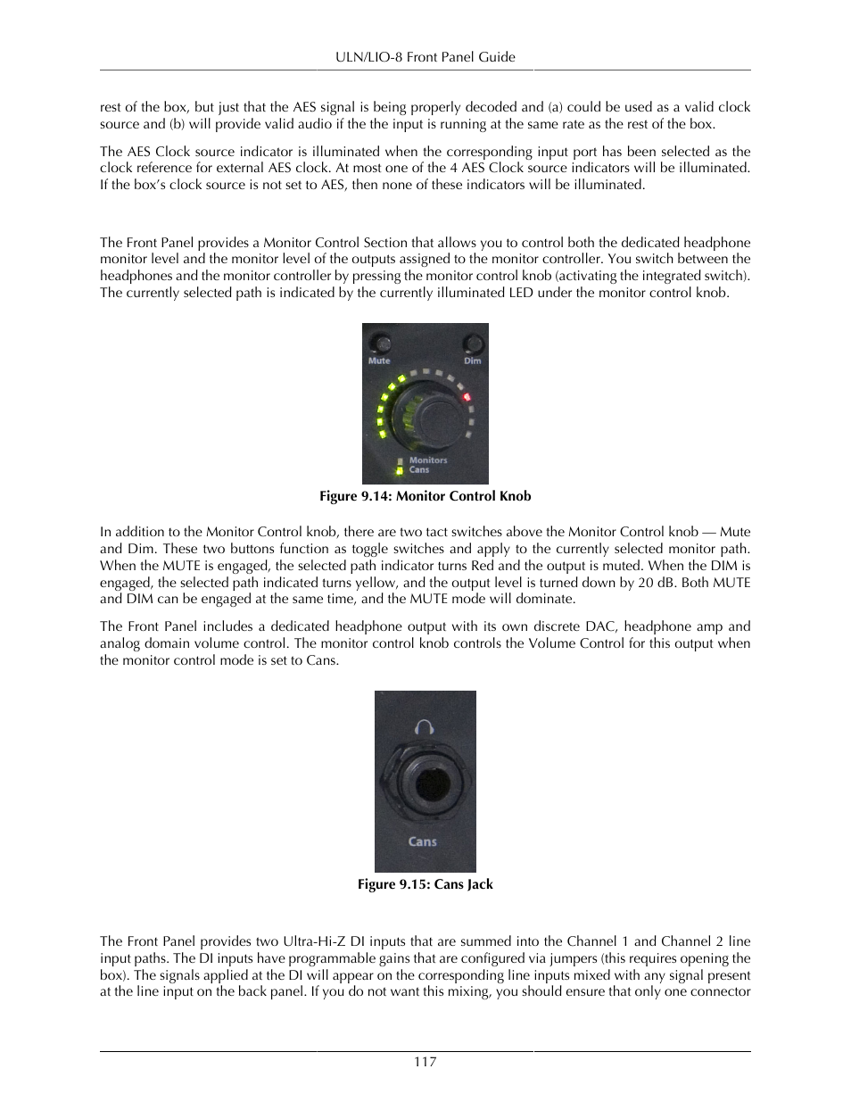 Monitor control section, Front panel di inputs, Monitor control knob | 117 9.15. cans jack, 117 front panel di inputs | Metric Halo Mobile I/O User Manual | Page 117 / 371