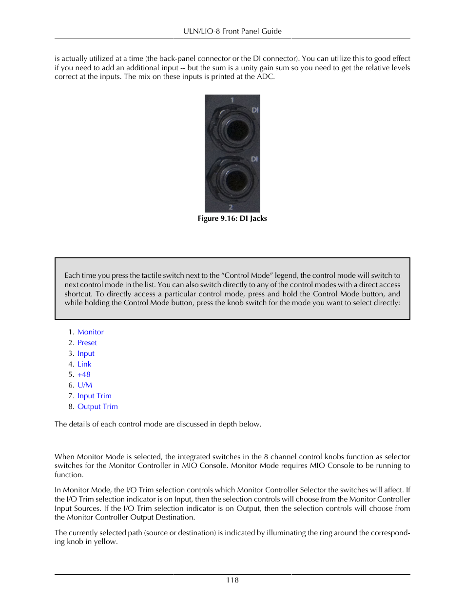 Control mode details, Monitor, Di jacks | Metric Halo Mobile I/O User Manual | Page 118 / 371