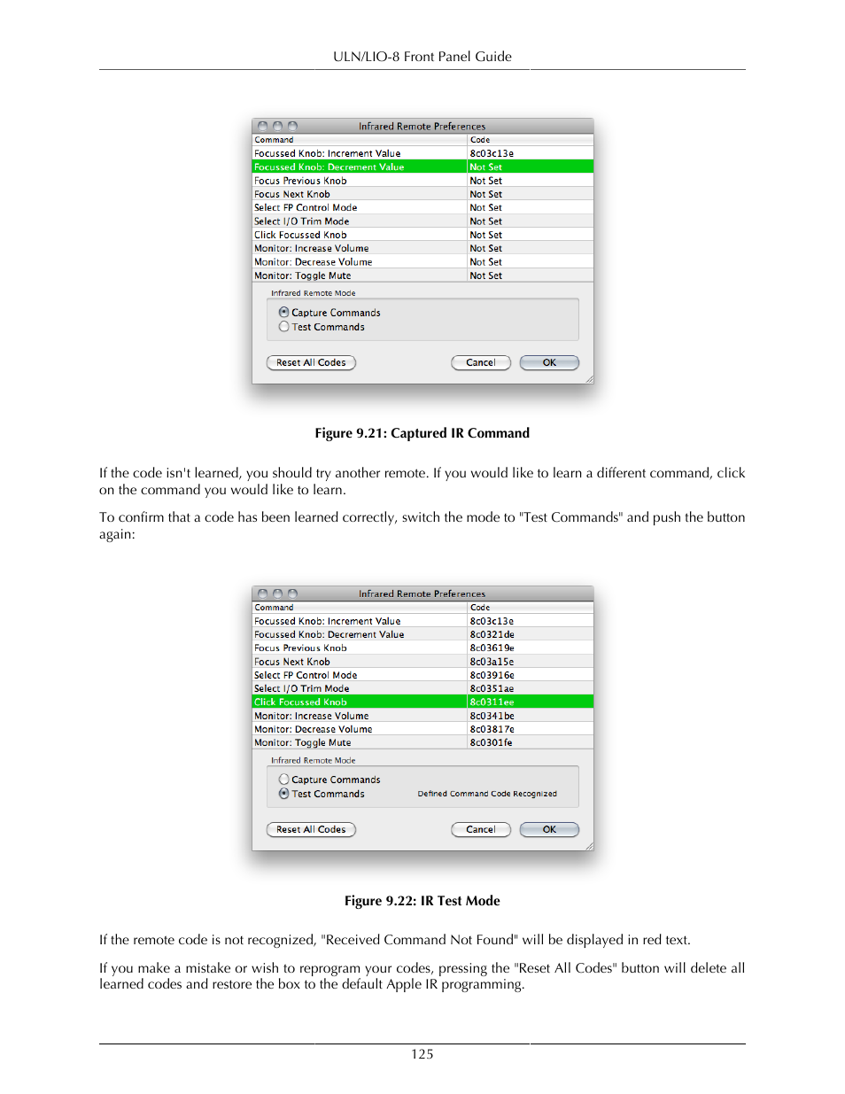 Captured ir command, 125 9.22. ir test mode | Metric Halo Mobile I/O User Manual | Page 125 / 371