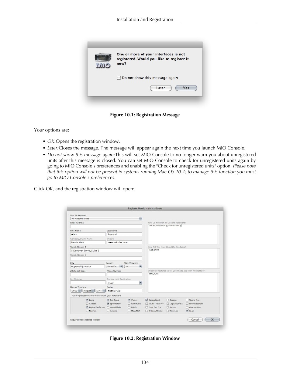 Registration message, 134 10.2. registration window | Metric Halo Mobile I/O User Manual | Page 134 / 371
