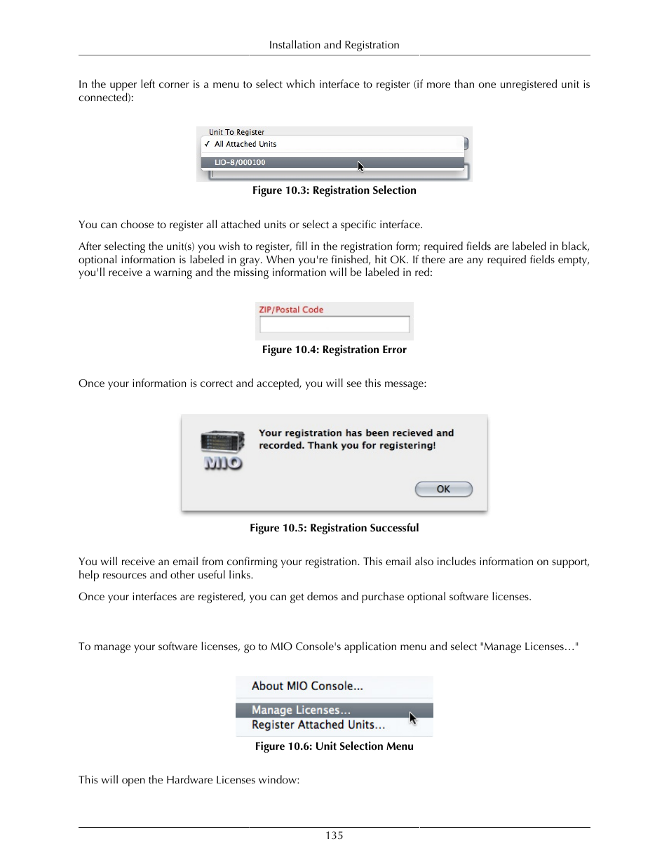 License management, Registration selection, 135 10.4. registration error | 135 10.5. registration successful, 135 10.6. unit selection menu | Metric Halo Mobile I/O User Manual | Page 135 / 371