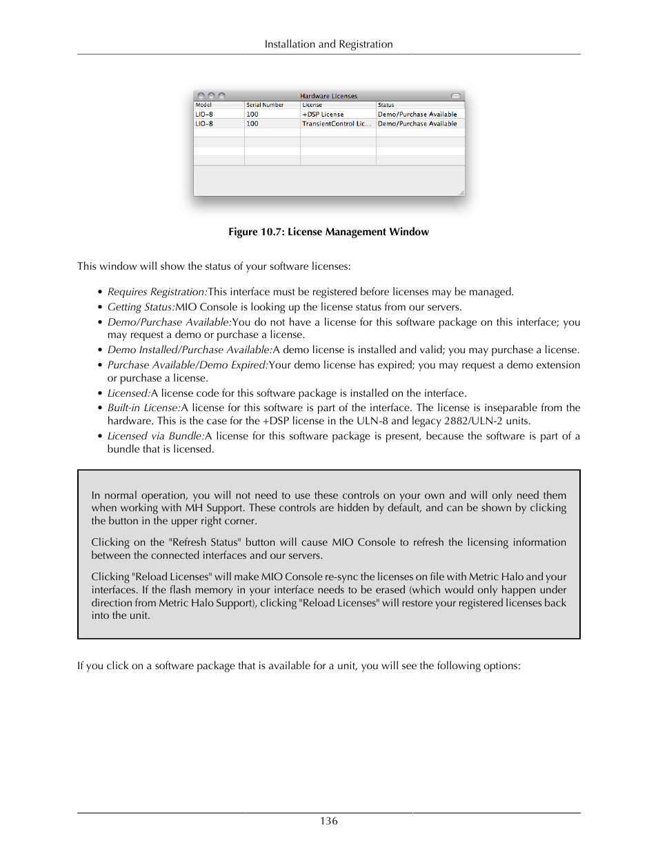 License management window | Metric Halo Mobile I/O User Manual | Page 136 / 371