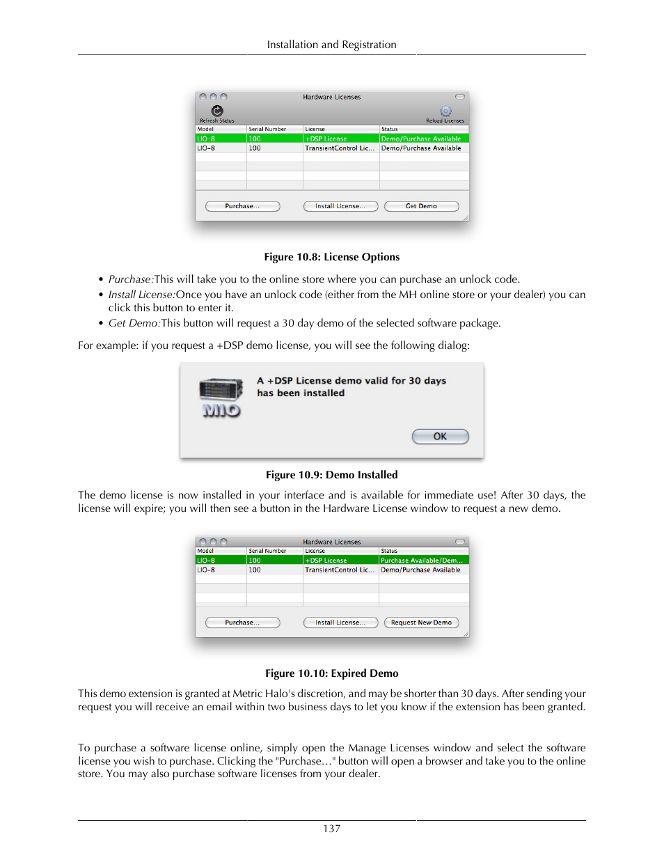 Purchasing a software license, License options, 137 10.9. demo installed | 137 10.10. expired demo | Metric Halo Mobile I/O User Manual | Page 137 / 371