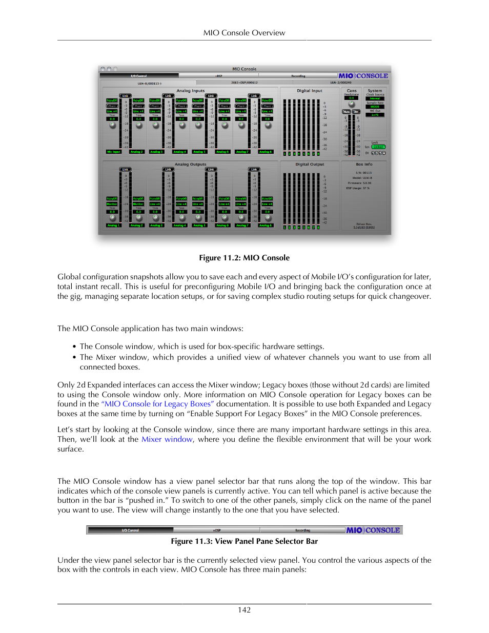 Mio console overview, The console window, 142 the console window | Mio console, 142 11.3. view panel pane selector bar | Metric Halo Mobile I/O User Manual | Page 142 / 371