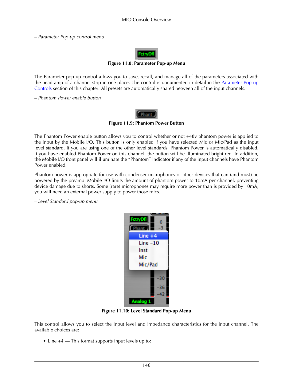 Parameter pop-up menu, 146 11.9. phantom power button, 146 11.10. level standard pop-up menu | Metric Halo Mobile I/O User Manual | Page 146 / 371