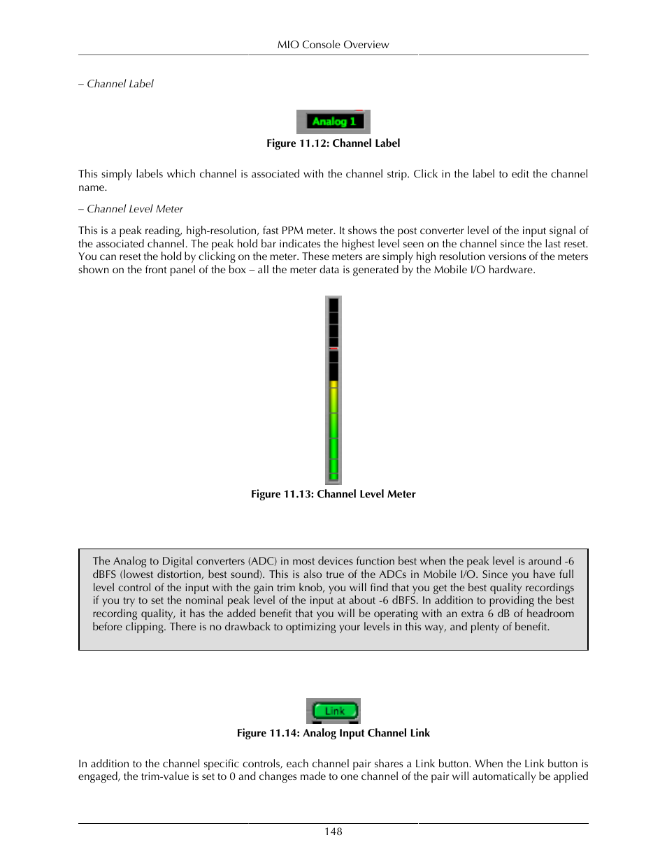 Optimizing input levels, Analog input channel link, 148 analog input channel link | Channel label, 148 11.13. channel level meter, 148 11.14. analog input channel link | Metric Halo Mobile I/O User Manual | Page 148 / 371