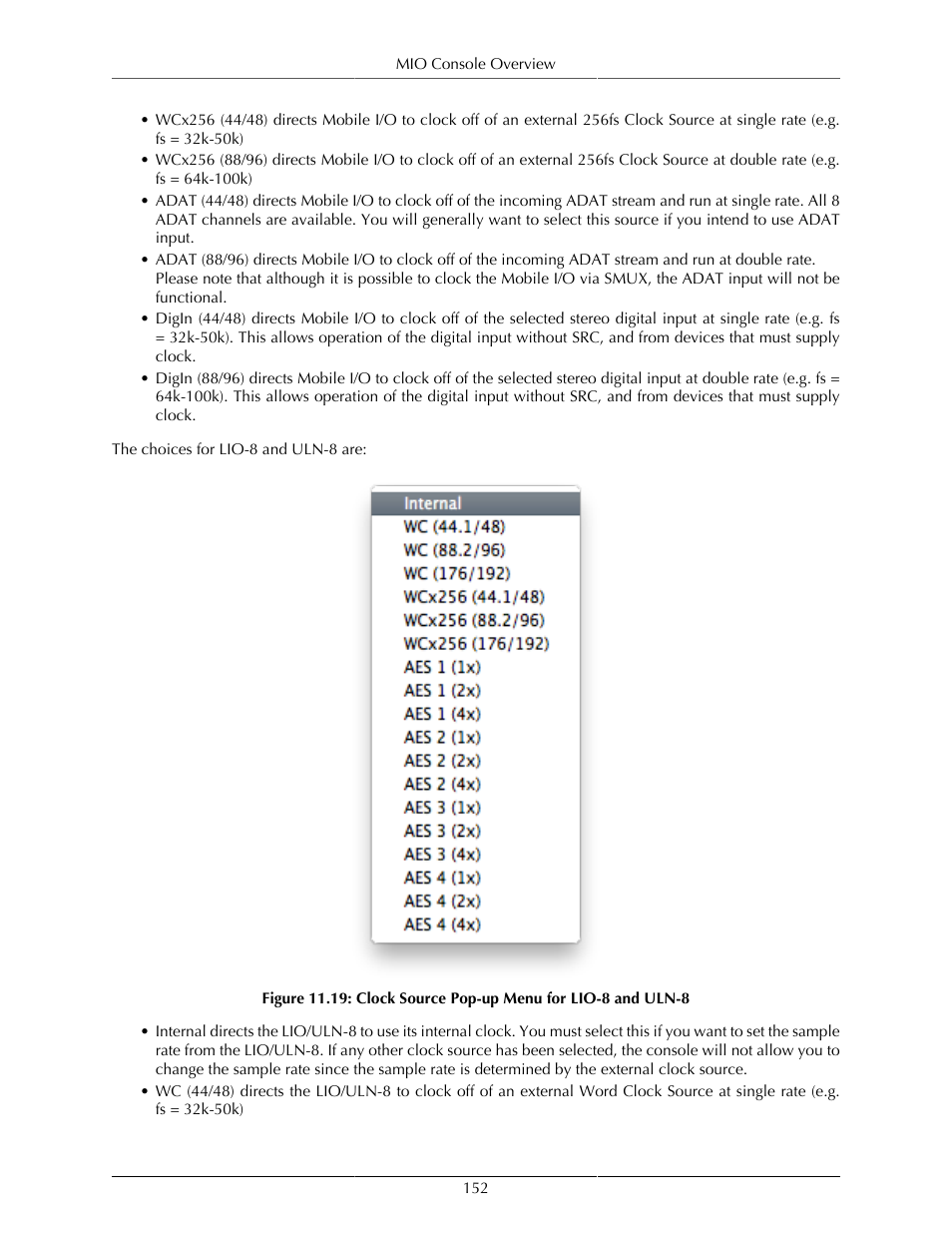 Clock source pop-up menu for lio-8 and uln-8 | Metric Halo Mobile I/O User Manual | Page 152 / 371