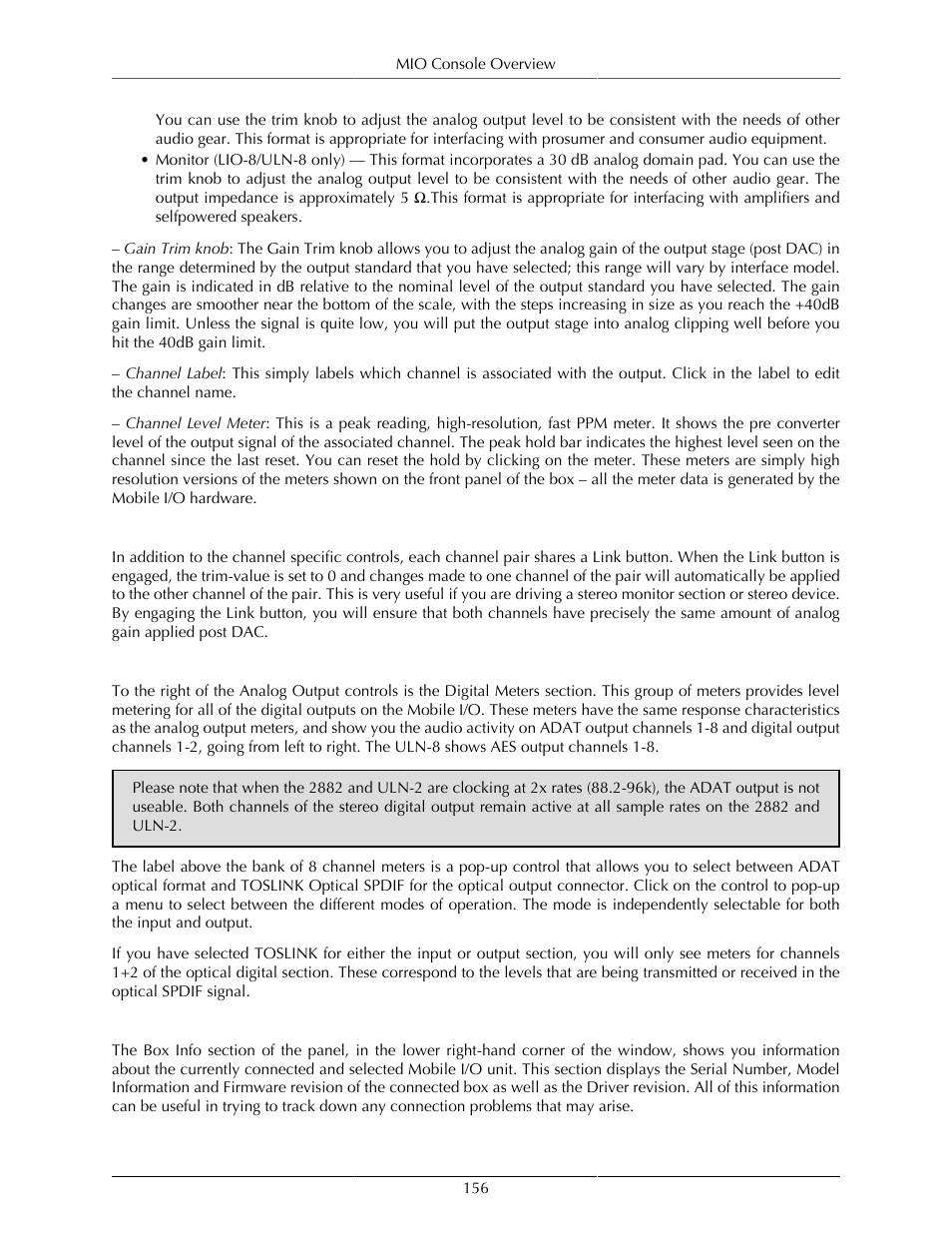 Analog output channel link, Digital output meters, Box info | 156 digital output meters, 156 box info | Metric Halo Mobile I/O User Manual | Page 156 / 371