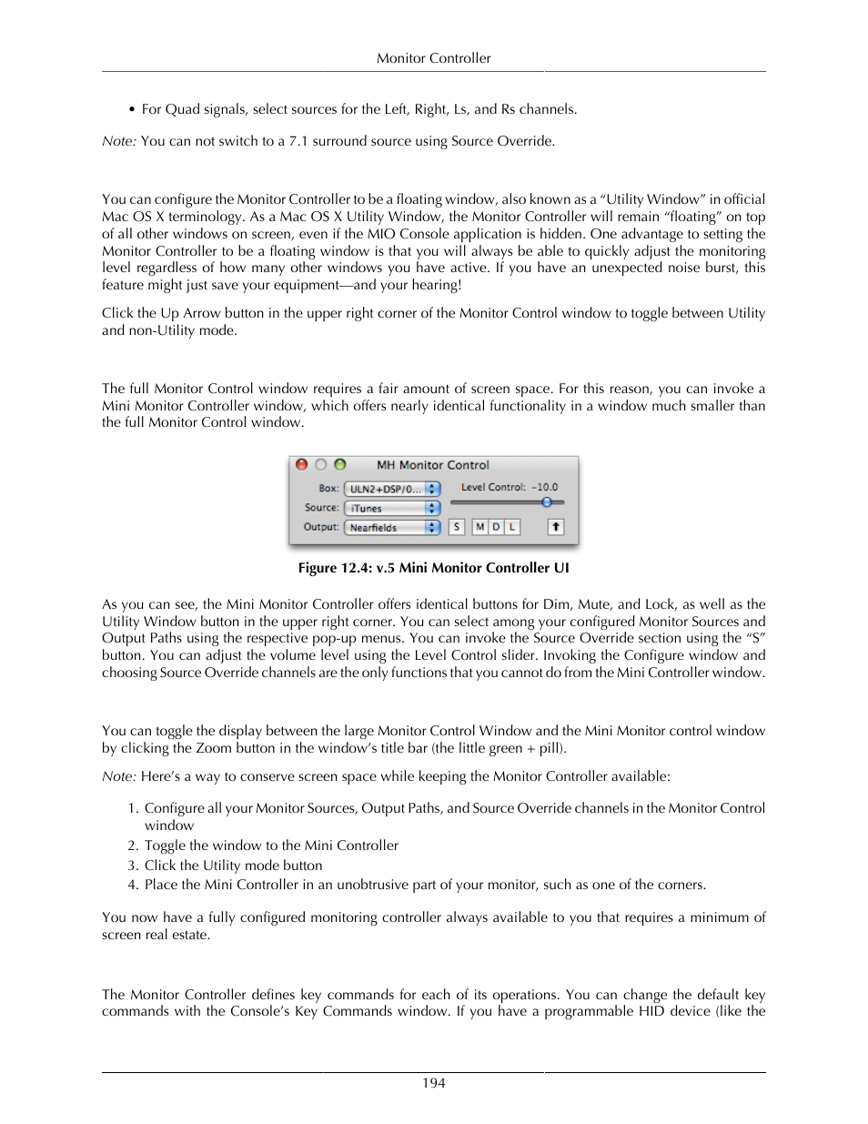 The monitor controller as floating window, Mini monitor controller window, Key commands | 194 mini monitor controller window, V.5 mini monitor controller ui | Metric Halo Mobile I/O User Manual | Page 194 / 371