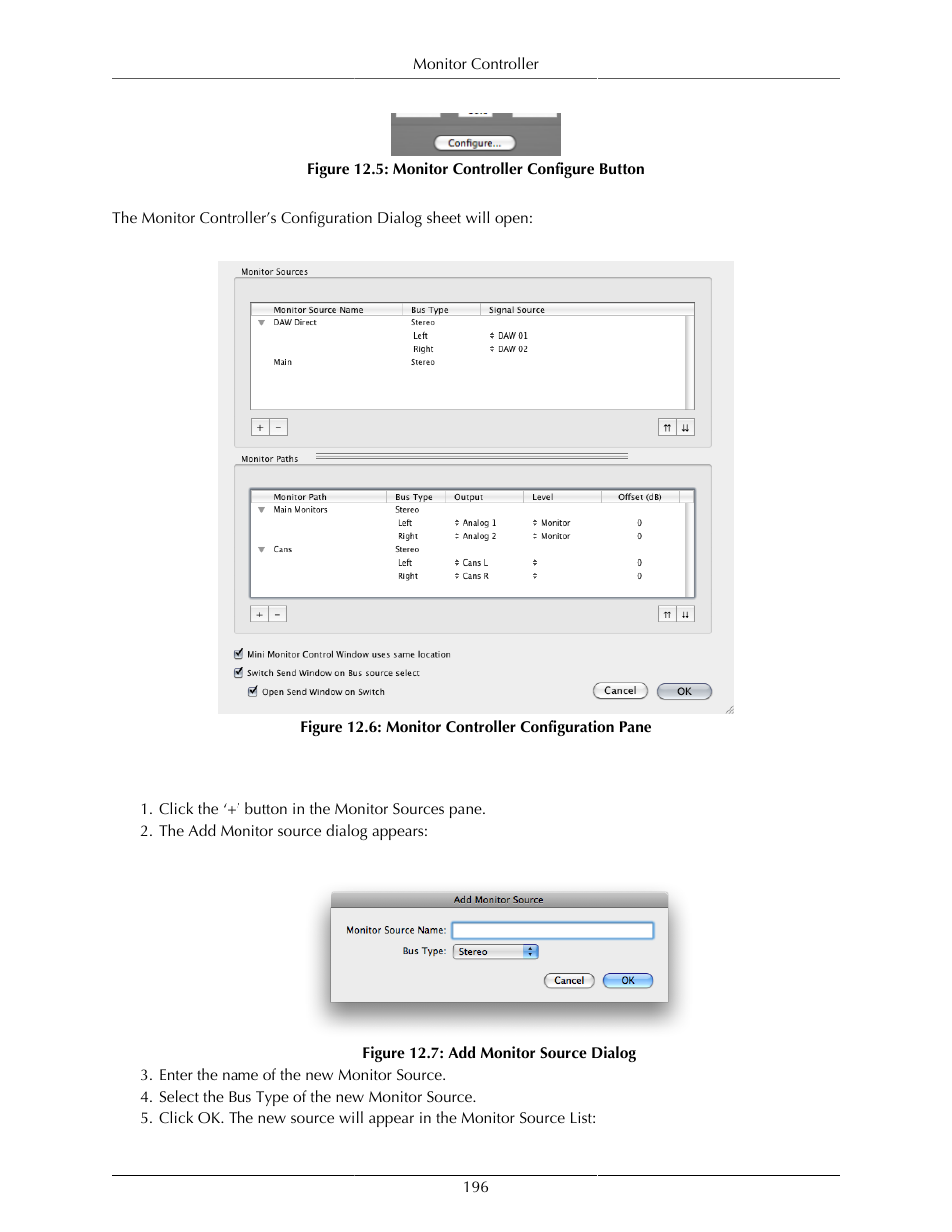 Adding a new monitor source, Monitor controller configure button, 196 12.6. monitor controller configuration pane | 196 12.7. add monitor source dialog | Metric Halo Mobile I/O User Manual | Page 196 / 371