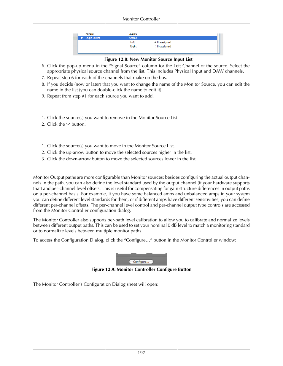 Removing a monitor source, Changing the order of the monitor sources, Configuring monitor output paths | New monitor source input list, 197 12.9. monitor controller configure button | Metric Halo Mobile I/O User Manual | Page 197 / 371