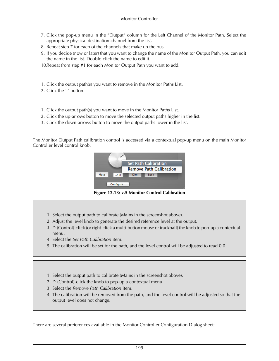 Removing a monitor output path, Changing the order of the monitor output path, Changing the per path calibration | Monitor controller preferences, 199 monitor controller preferences, V.5 monitor control calibration | Metric Halo Mobile I/O User Manual | Page 199 / 371