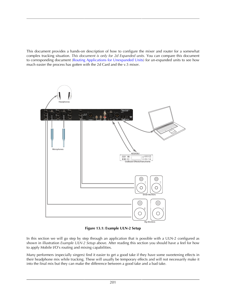 Routing examples, Introduction, Effects for tracking | 201 effects for tracking, Example uln-2 setup | Metric Halo Mobile I/O User Manual | Page 201 / 371