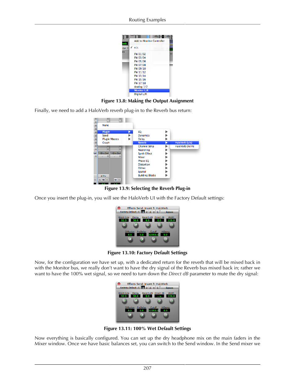 Making the output assignment, 207 13.9. selecting the reverb plug-in, 207 13.10. factory default settings | 207 13.11. 100% wet default settings | Metric Halo Mobile I/O User Manual | Page 207 / 371