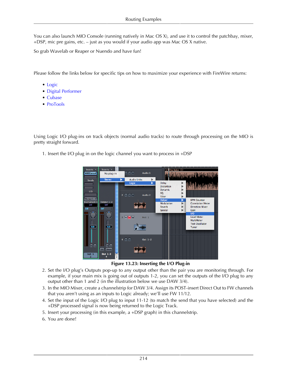Tips for specific host daws, Routing tips for logic, Using logic i/o plug-ins | Inserting the i/o plug-in | Metric Halo Mobile I/O User Manual | Page 214 / 371