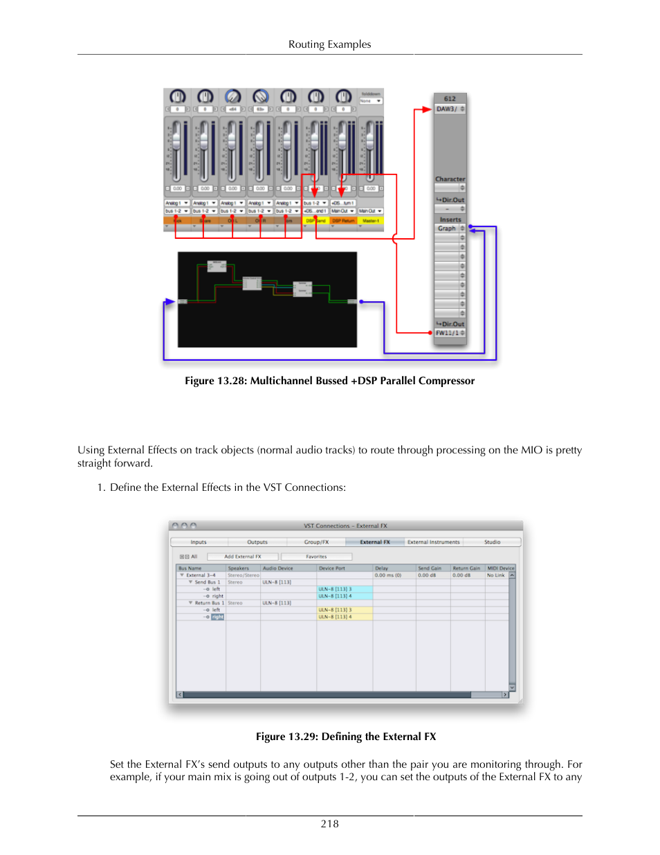 Routing tips for cubase, Routing for insert processing in cubase, Multichannel bussed +dsp parallel compressor | 218 13.29. defining the external fx, Cubase | Metric Halo Mobile I/O User Manual | Page 218 / 371