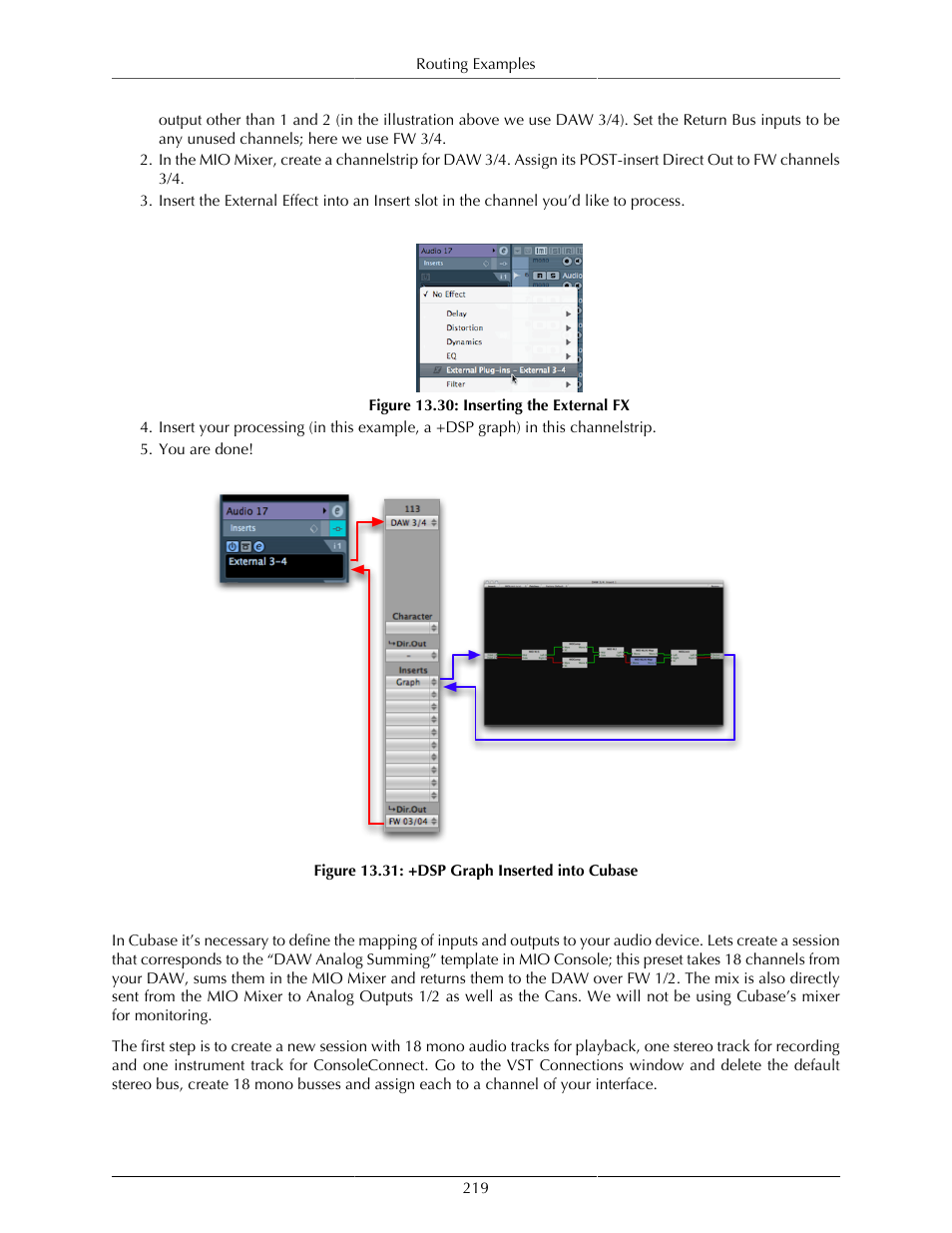 Configuring vst connections for an entire mix, Inserting the external fx, +dsp graph inserted into cubase | Metric Halo Mobile I/O User Manual | Page 219 / 371
