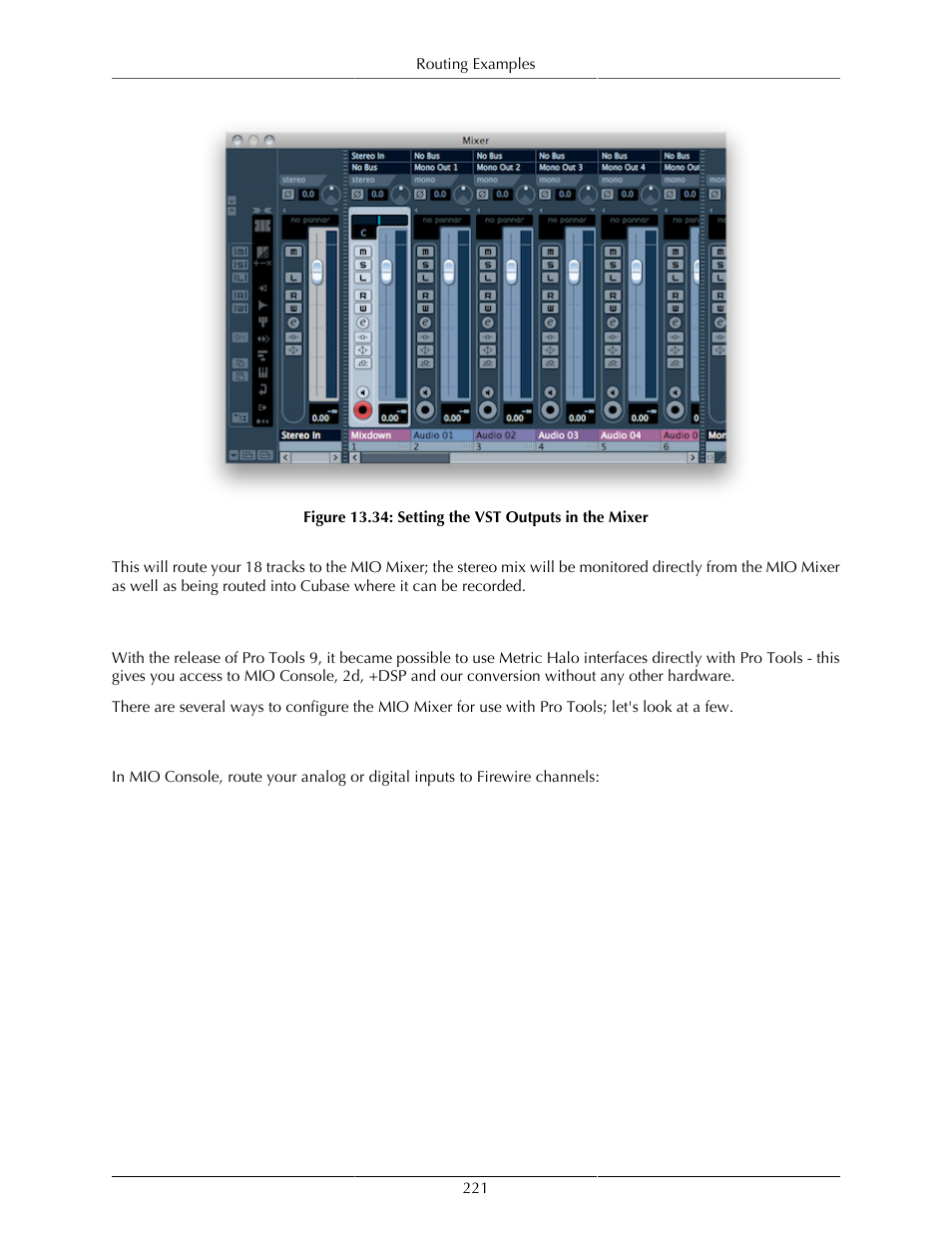 Routing tips for pro tools, Inputs, Setting the vst outputs in the mixer | Protools | Metric Halo Mobile I/O User Manual | Page 221 / 371