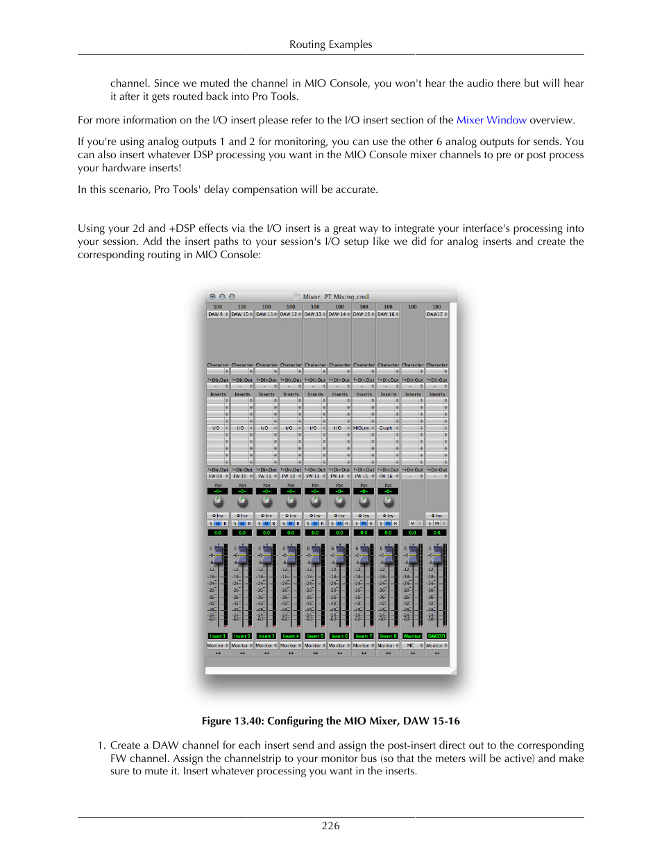 Dsp inserts, Configuring the mio mixer, daw 15-16 | Metric Halo Mobile I/O User Manual | Page 226 / 371