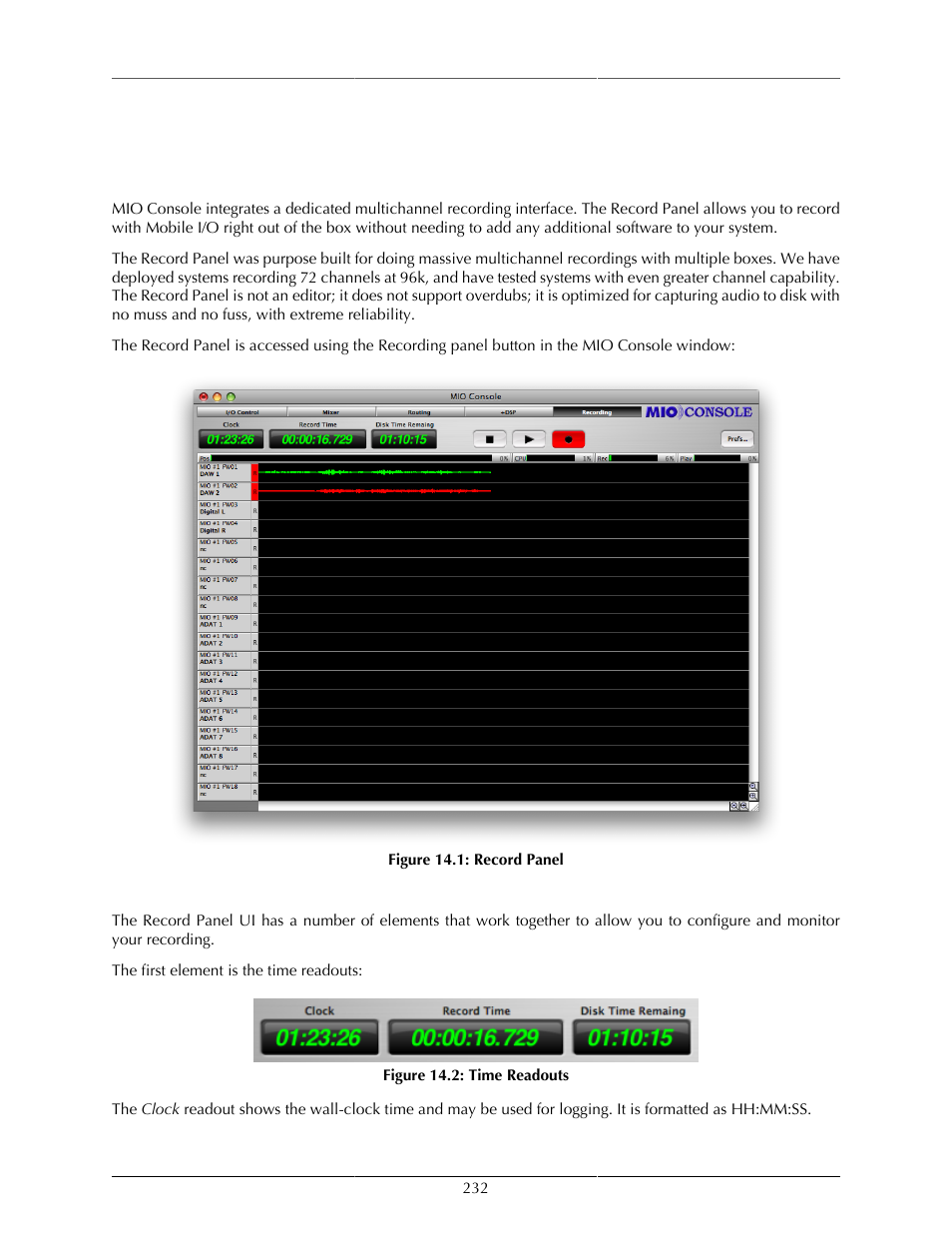 Record panel, Overview, Record panel description | 232 record panel description, 232 14.2. time readouts | Metric Halo Mobile I/O User Manual | Page 232 / 371