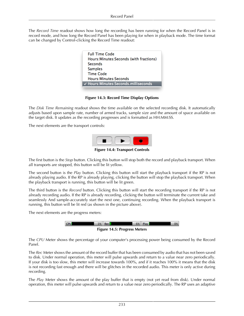 Record time display options, 233 14.4. transport controls, 233 14.5. progress meters | Metric Halo Mobile I/O User Manual | Page 233 / 371