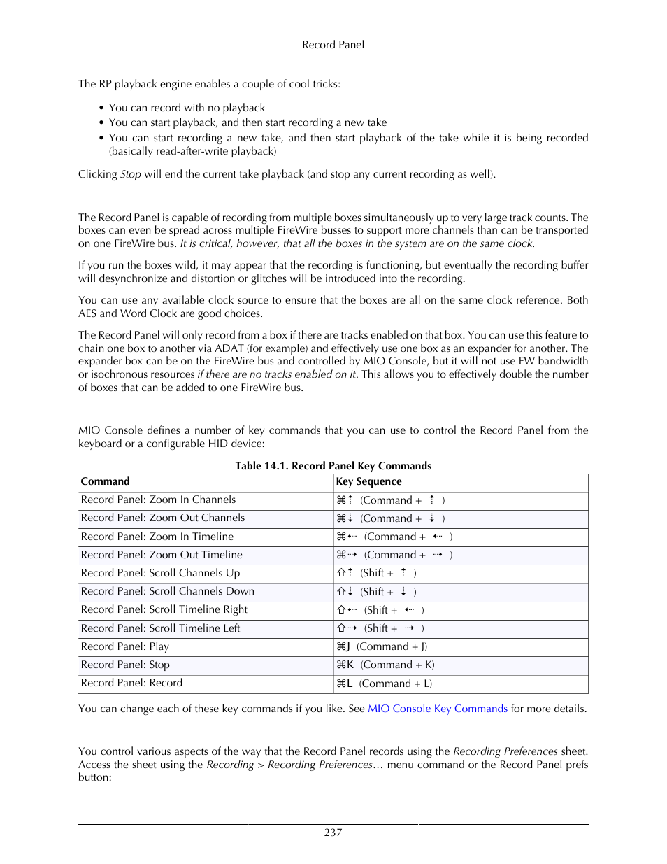 Multibox considerations, Record panel key commands, Record panel prefs | 237 record panel key commands, 237 record panel prefs | Metric Halo Mobile I/O User Manual | Page 237 / 371
