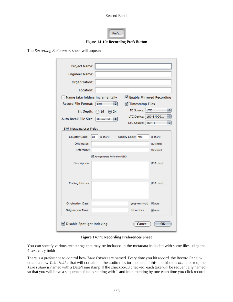 Recording prefs button, 238 14.11. recording preferences sheet | Metric Halo Mobile I/O User Manual | Page 238 / 371