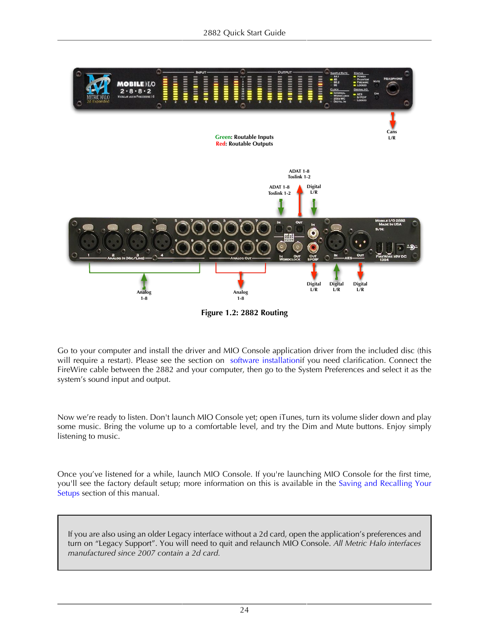 Connect the 2882, Take a listen, Mio console | 24 take a listen, 24 mio console, 2882 routing | Metric Halo Mobile I/O User Manual | Page 24 / 371