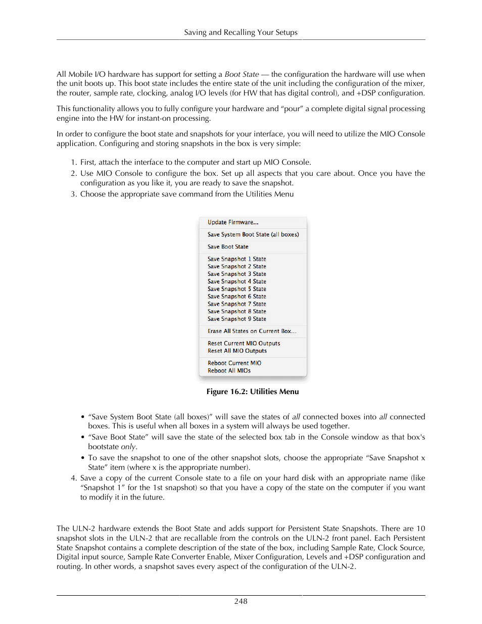 Boot states and snapshots, Uln-2 snapshot recall, Utilities menu | Metric Halo Mobile I/O User Manual | Page 248 / 371