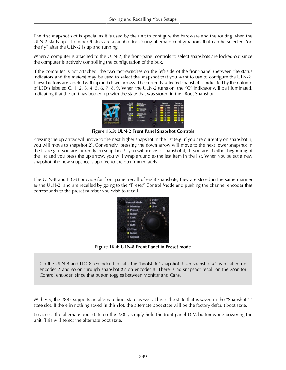 Uln/lio-8 snapshot recall, 2882 snapshot recall, Console files | 249 2882 snapshot recall, Uln-2 front panel snapshot controls, 249 16.4. uln-8 front panel in preset mode | Metric Halo Mobile I/O User Manual | Page 249 / 371