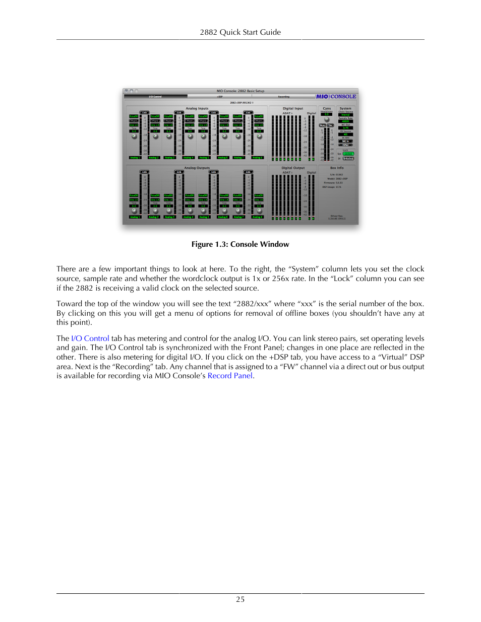 The console window, Console window | Metric Halo Mobile I/O User Manual | Page 25 / 371