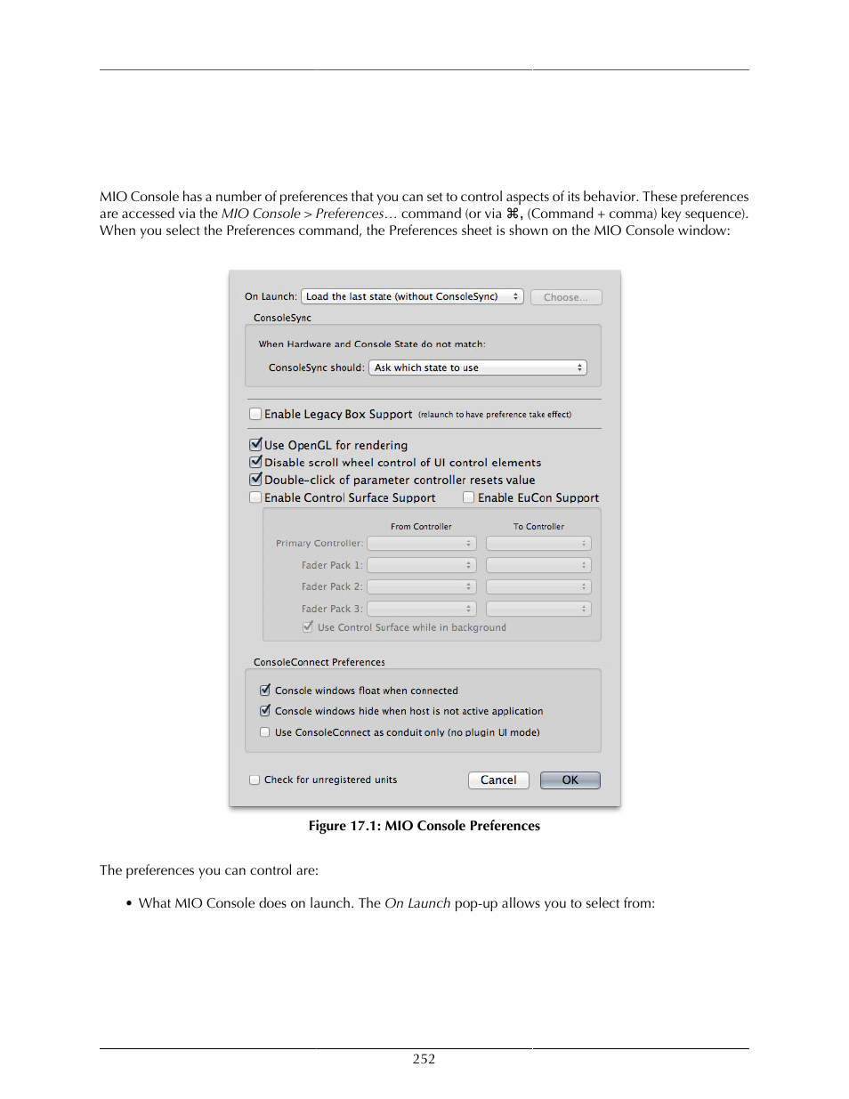 Mio console preferences, Accessing the preferences | Metric Halo Mobile I/O User Manual | Page 252 / 371