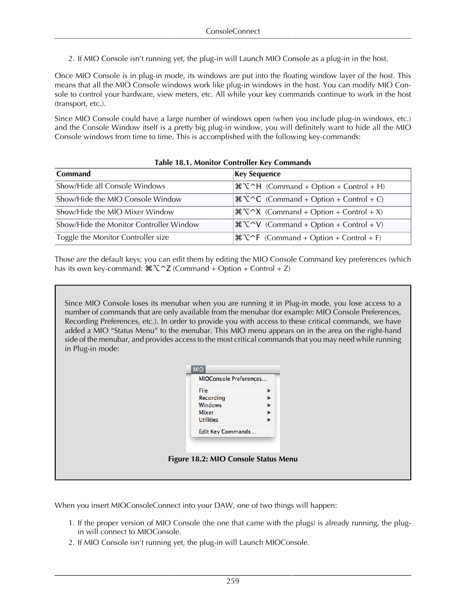 Conduit mode, Mio console status menu, Monitor controller key commands | Metric Halo Mobile I/O User Manual | Page 259 / 371