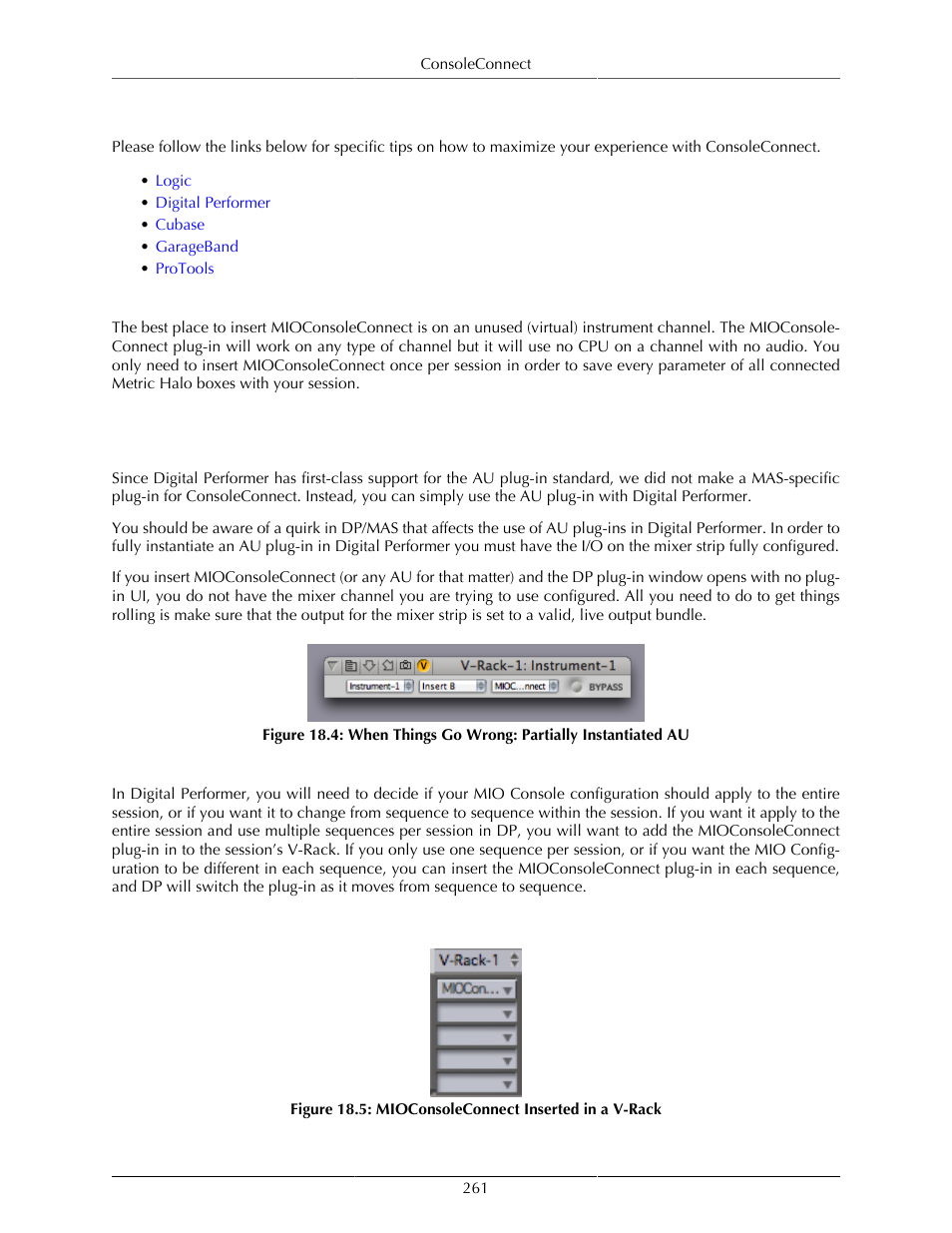 Tips for specific host daws, Logic, Digital performer | Mioconsoleconnect is an au in dp, Where to insert mioconsoleconnect, 261 digital performer, When things go wrong: partially instantiated au, 261 18.5. mioconsoleconnect inserted in a v-rack | Metric Halo Mobile I/O User Manual | Page 261 / 371