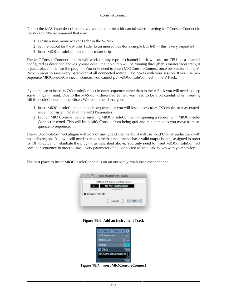 Where to insert mioconsoleconnect per sequence, Cubase, Add an instrument track | 262 18.7. insert mioconsoleconnect | Metric Halo Mobile I/O User Manual | Page 262 / 371