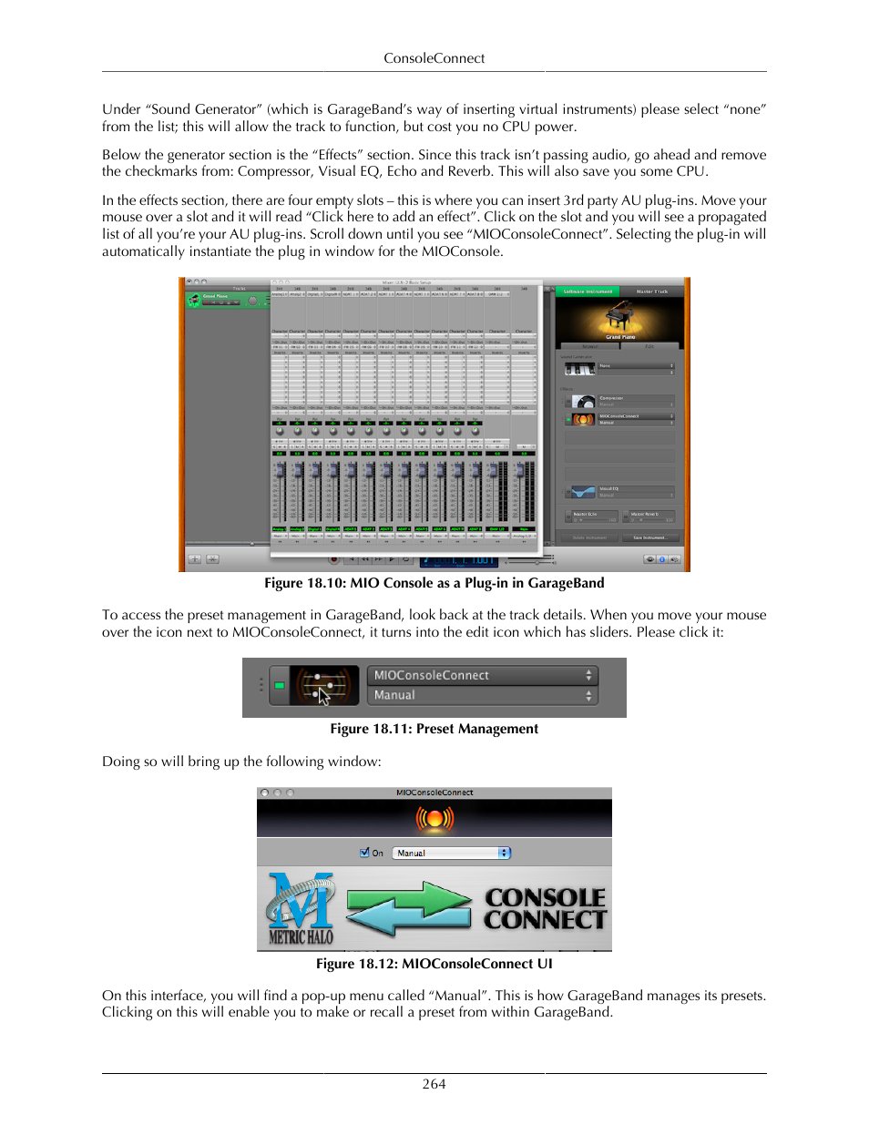 Mio console as a plug-in in garageband, 264 18.11. preset management, 264 18.12. mioconsoleconnect ui | Metric Halo Mobile I/O User Manual | Page 264 / 371
