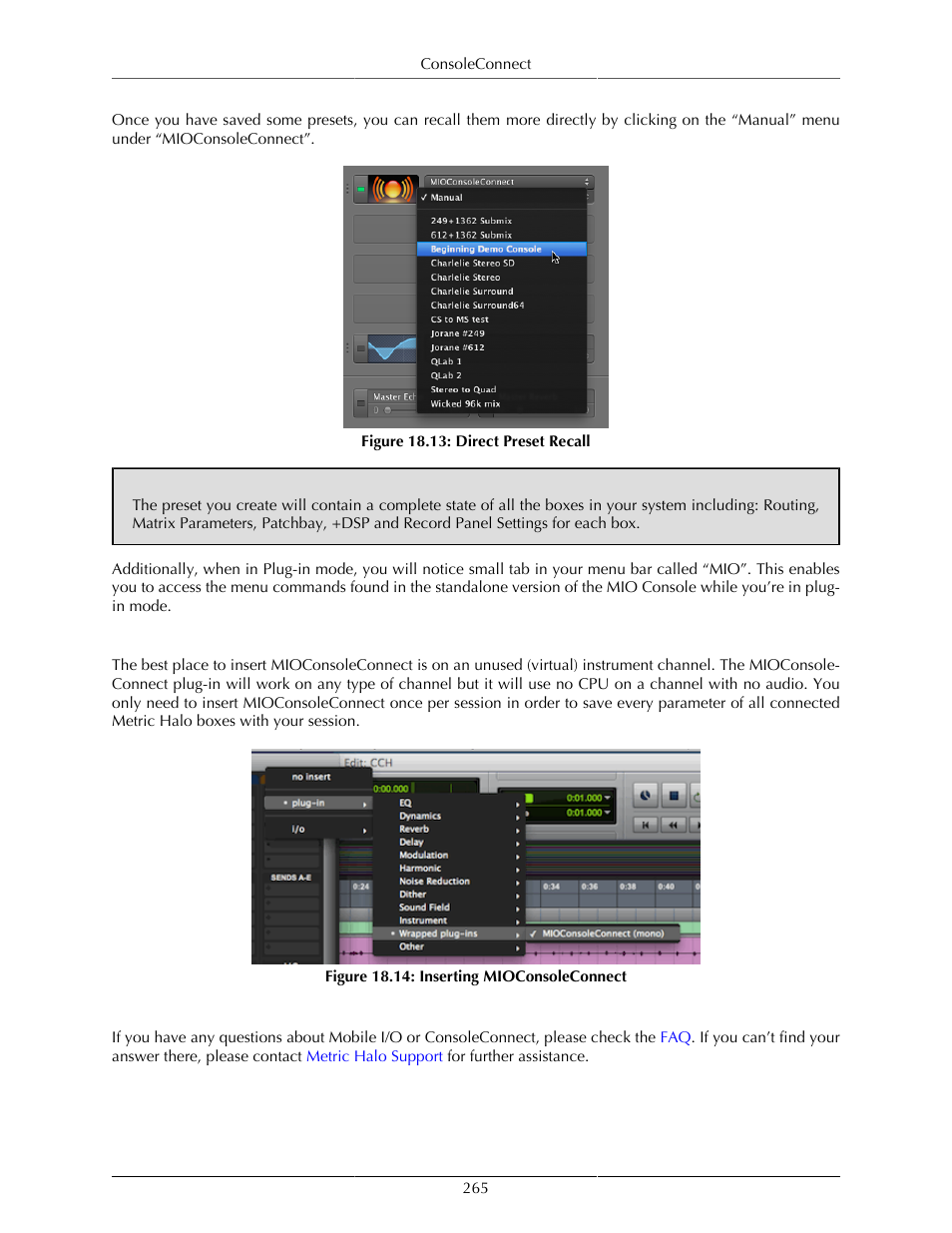 Pro tools tips, Support, Direct preset recall | 265 18.14. inserting mioconsoleconnect, Protools | Metric Halo Mobile I/O User Manual | Page 265 / 371