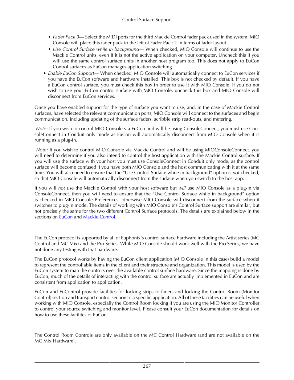 Details of eucon control surface support, Control room support | Metric Halo Mobile I/O User Manual | Page 267 / 371