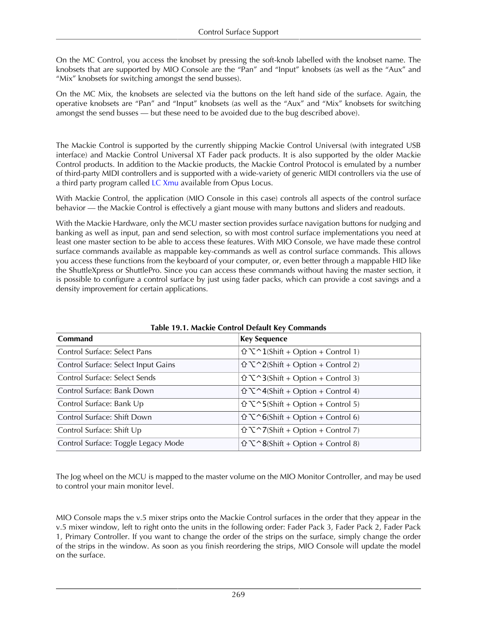 Mackie control default key commands, Control room support, Mixer model | 269 control room support, 269 mixer model | Metric Halo Mobile I/O User Manual | Page 269 / 371