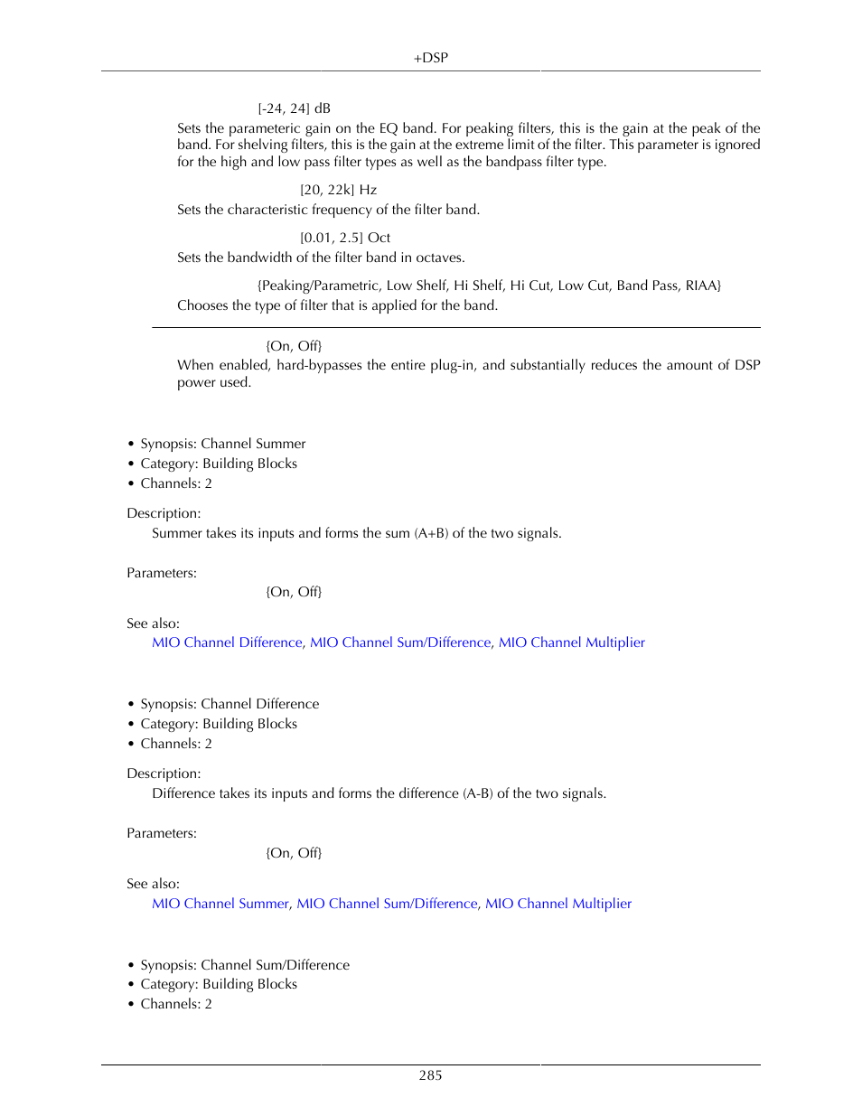 Mio channel summer, Mio channel difference, Mio channel sum/difference | 285 mio channel difference, 285 mio channel sum/difference | Metric Halo Mobile I/O User Manual | Page 285 / 371