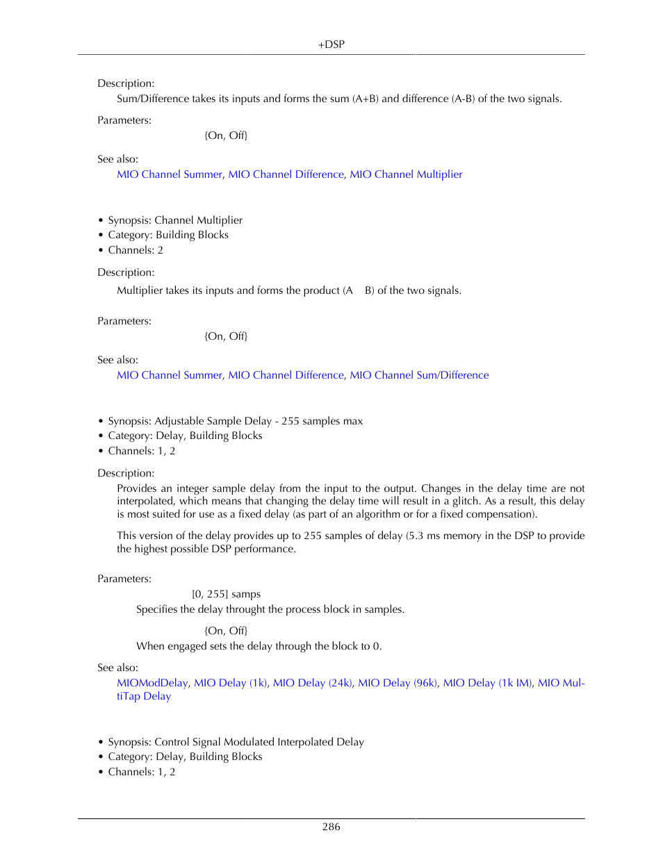 Mio channel multiplier, Miodelay, Miomoddelay | 286 miodelay, 286 miomoddelay | Metric Halo Mobile I/O User Manual | Page 286 / 371